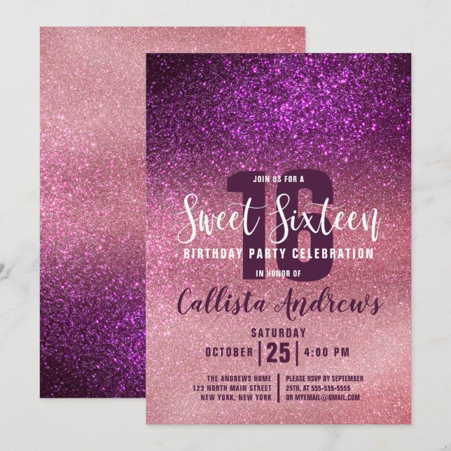 Girly Magenta Rosa Triple Glitter Ombre Sweet 16 Inbjudningar (Fram/baksida)