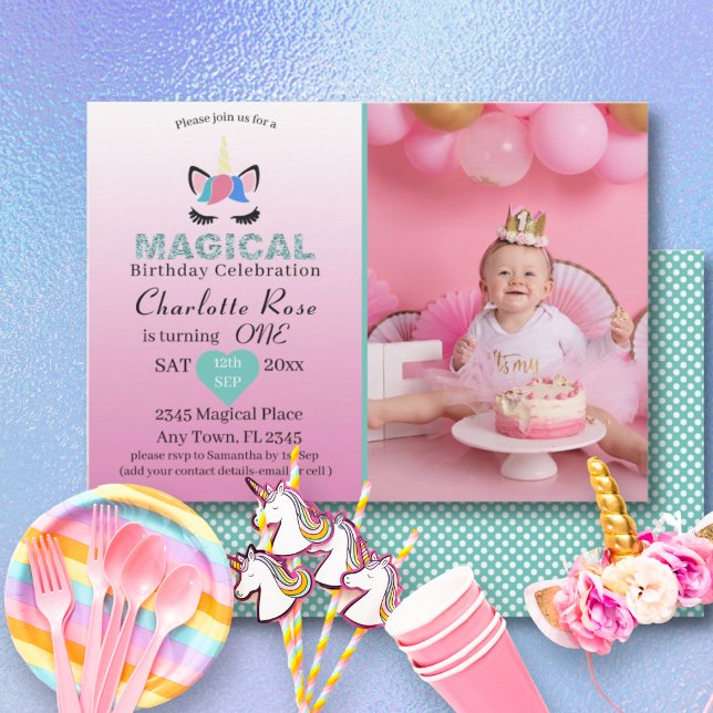 Girly Magic Unicorn Rosa 1:a födelsedagen Inbjudningar (Skapare uppladdad)