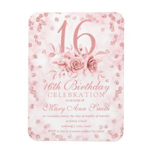 Girly Marble Glitter Ro Guld Blommigt Sweet 16th I Magnet