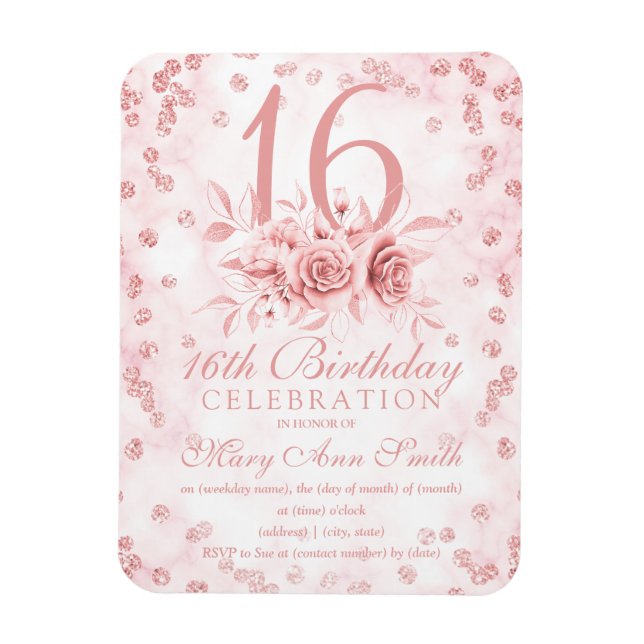 Girly Marble Glitter Ro Guld Blommigt Sweet 16th I Magnet (Vertikal)