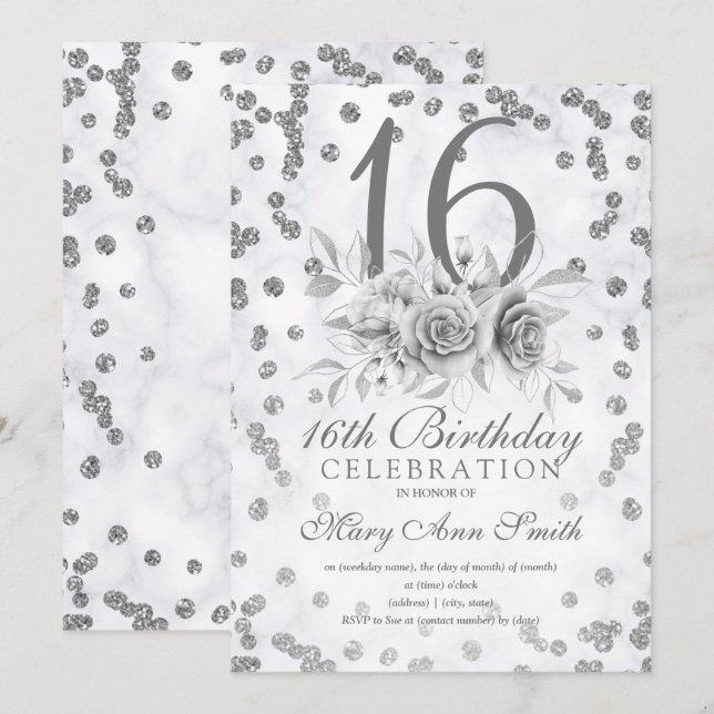 Girly Marble Glitter Silver Blommigt Sweet 16:e Inbjudningar (Fram/baksida)