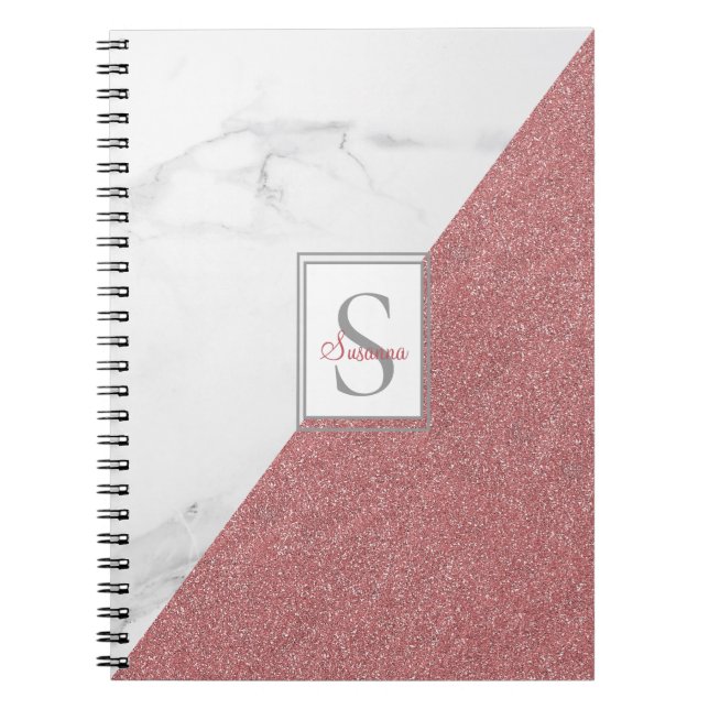 Girly Marble  Rosa Glitter Monogram Geometric Anteckningsbok (Framsidan)