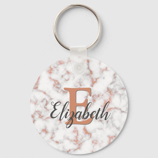 Girly Metallic Copper Marble Monogram Nyckelring (Framsida)