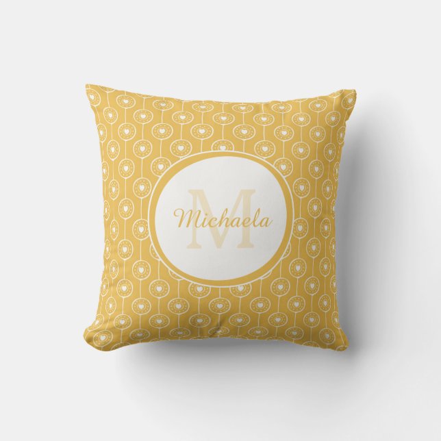 Girly Mimosa Gult Monogrammed Namn Heart Dots Kudde (Framsida)