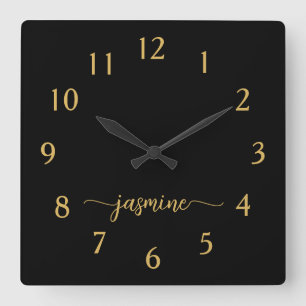 Girly Minimalist, svart, Guld Monogram Namn Fyrkantig Klocka