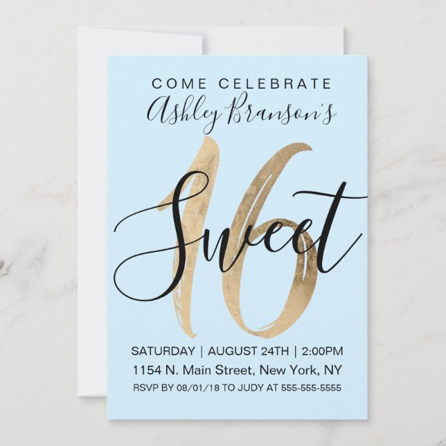 Girly Mint Blue Faux Gold Foil Sweet 16 Inbjudningar (Framsida)