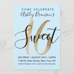 Girly Mint Blue Faux Gold Foil Sweet 16 Inbjudningar