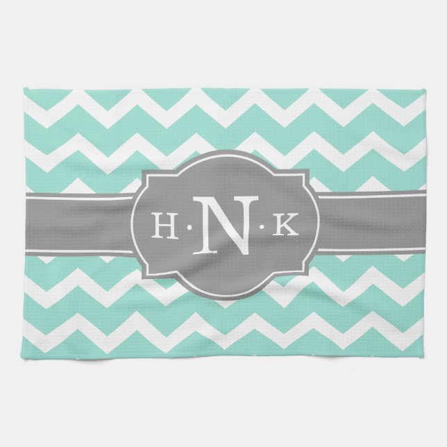 Girly Mint Chevron Grått Monogram Kökshandduk (Horisontell)