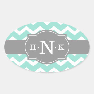 Girly Mint Chevron Grått Monogram Ovalt Klistermärke