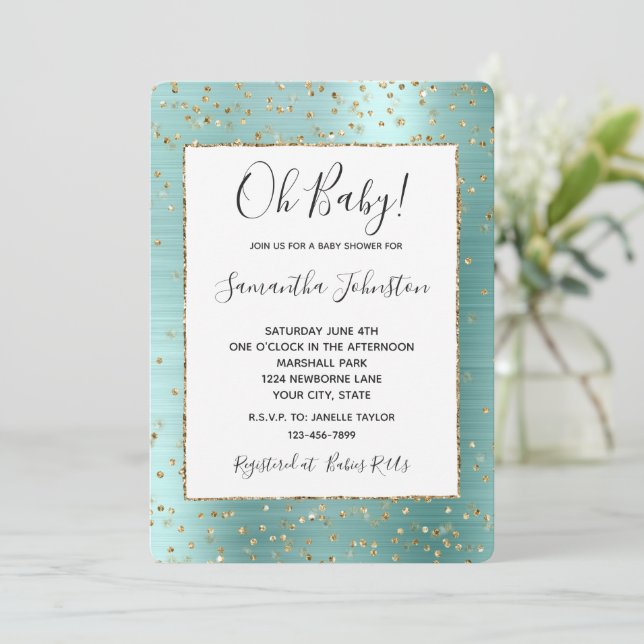 Girly Mint Glam Guld Gnistra Confetti Baby Shower Inbjudningar (Stående Fram)