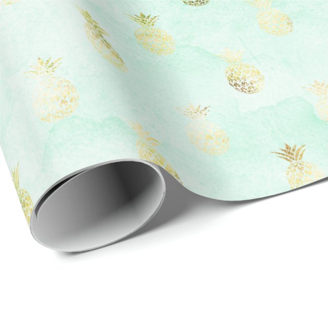 Girly Mint Glam Guld Tropical Pineapples Presentpapper (Rullad Hörn)