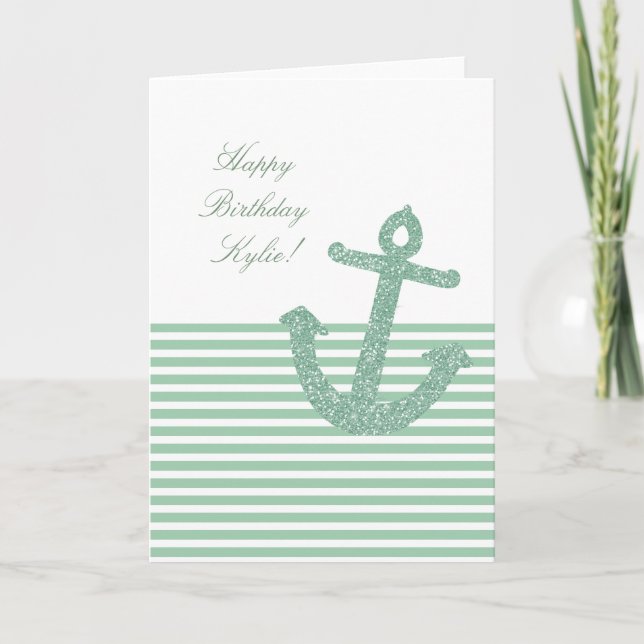 Girly Mint Glitter Anchor Birthday Kort (Framsida)