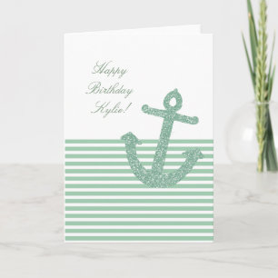 Girly Mint Glitter Anchor Birthday Kort