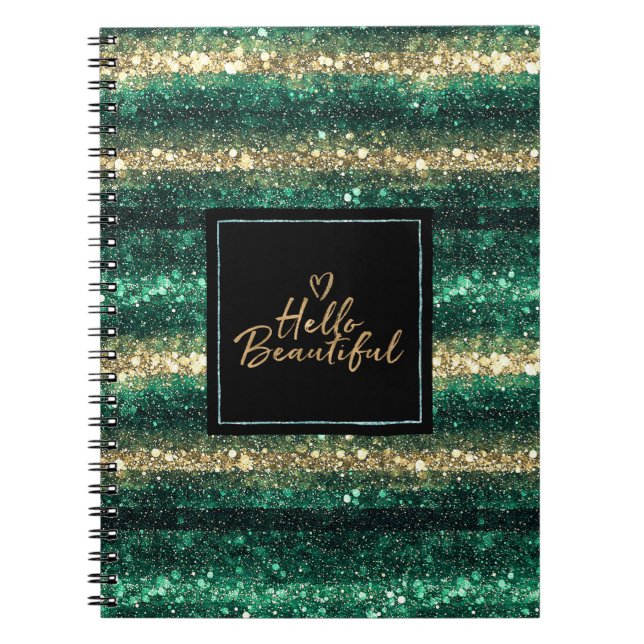 Girly Mint Gold Glitter Black Hello Beautiful Anteckningsbok (Framsidan)