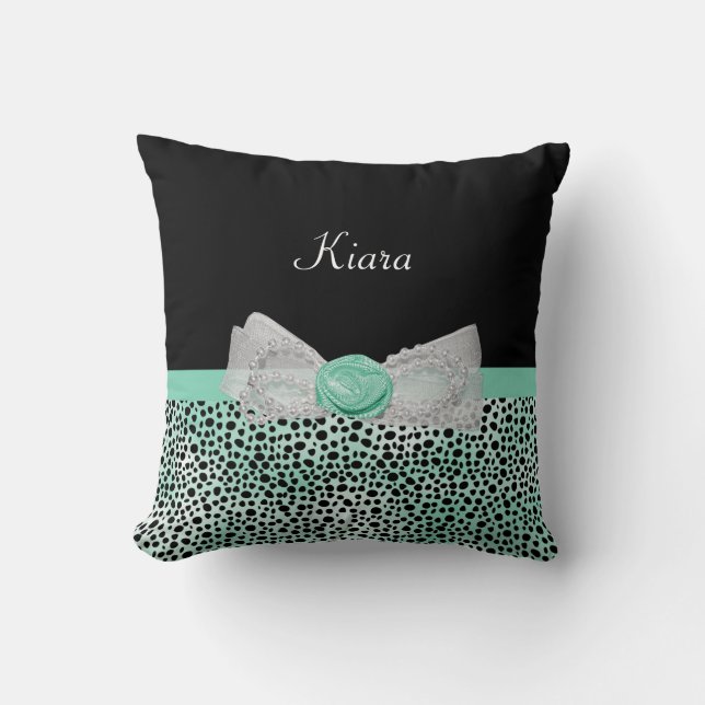 Girly Mint Grönt Cheetah skriver ut cute Bow med N Kudde (Framsida)
