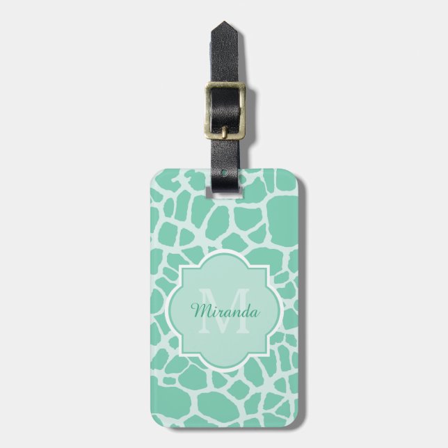 Girly Mint Grönt Giraffe Print Monogram och Namn Bagagebricka (Vertikal Framsida)