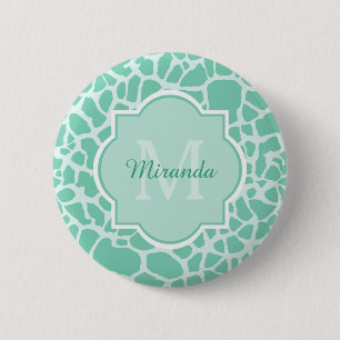 Girly Mint Grönt Giraffe Print Monogram och Namn Knapp