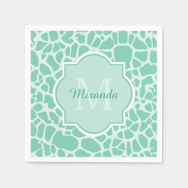 Girly Mint Grönt Giraffe Print Monogram och Namn Pappersservett (Framsidan)