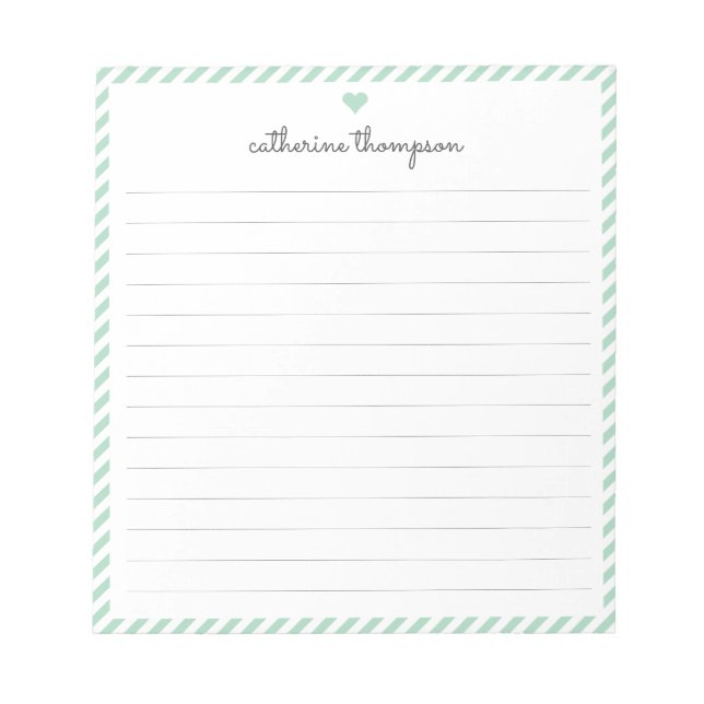 Girly Mint Grönt Rand Feminine Script Heart Namn Anteckningsblock (Framsida)