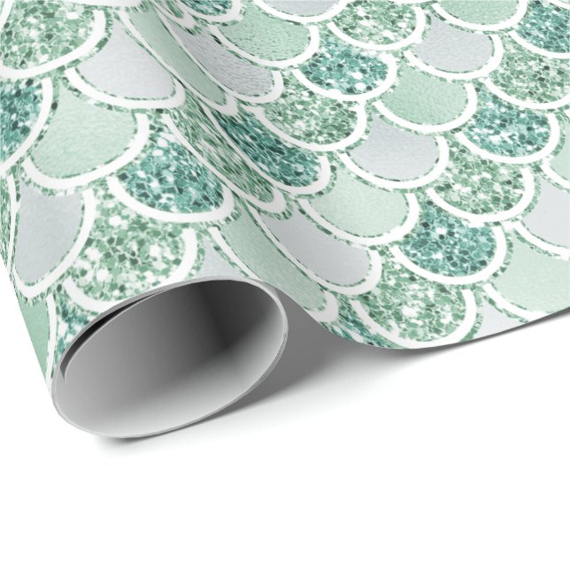 Girly Mint Pearl Sjöjungfru Glitter Presentpapper (Rullad Hörn)