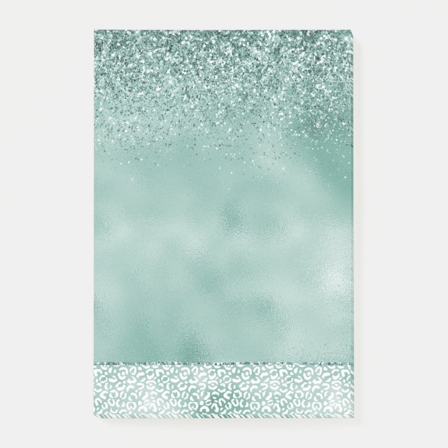 Girly Mint White Leopard Skriv ut Glitter Post-it Block (Framsida)