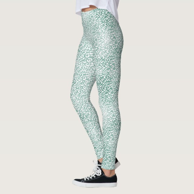 Girly Mint White Leopard Skriv ut Leggings (Vänster)