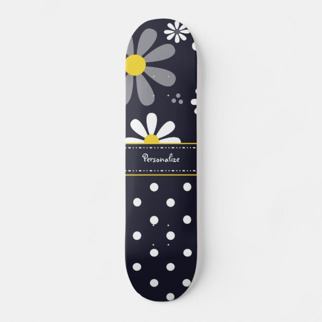 Girly Mod Daisy och Polka dots med Namn Skateboard Bräda 20,5 Cm (Framsida)