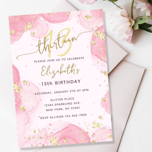 Girly Modern Abstrakt Rosa Bläck Faux Guld Glitter Inbjudningar (Skapare uppladdad)