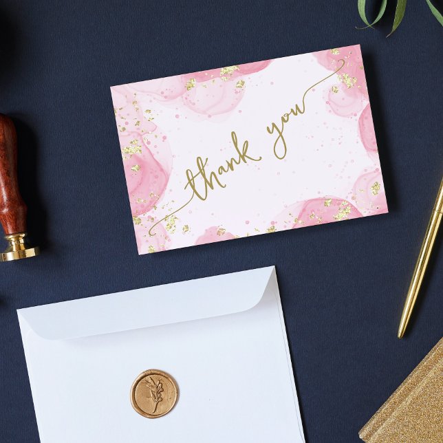 Girly Modern Abstrakt Rosa Bläck Faux Guld Glitter Tack Kort (Skapare uppladdad)