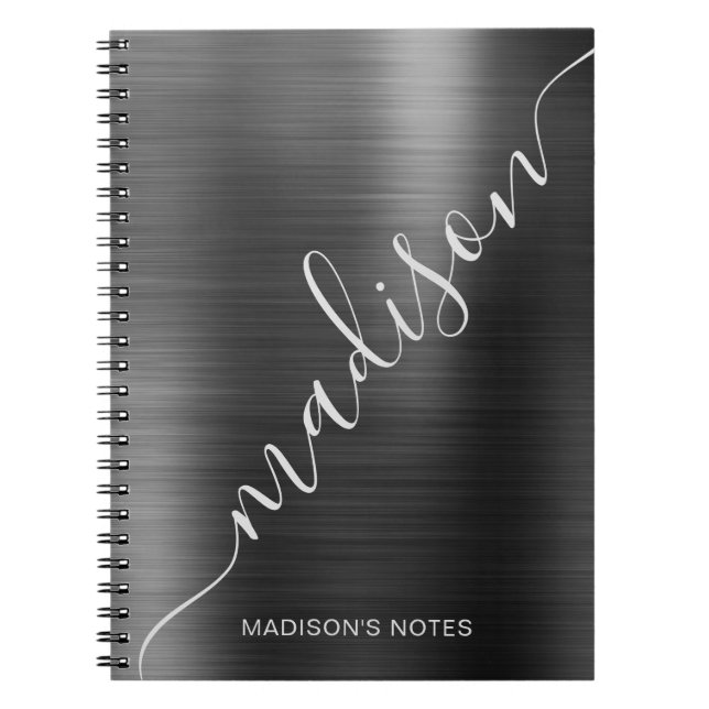 Girly Modern Black Metallic Monogram Namnteckning Anteckningsbok (Framsidan)