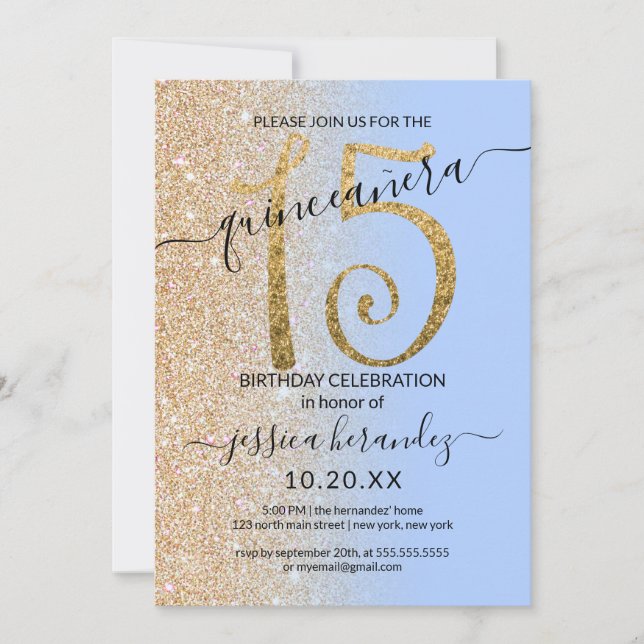 Girly Modern Blue Guld Glitter Ombre Quinceañera Inbjudningar (Framsida)