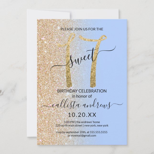 Girly Modern Blue Guld Glitter Ombre Sweet 17 Inbjudningar (Framsida)