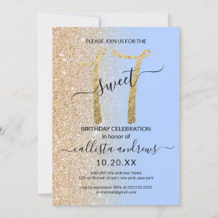 Girly Modern Blue Guld Glitter Ombre Sweet 17 Inbjudningar