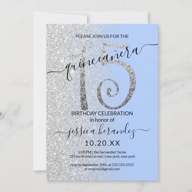 Girly Modern Blue Silver Glitter Ombre Quinceañera Inbjudningar (Framsida)