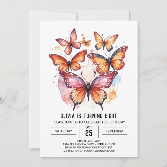 Girly Modern Butterfly Girl Birthday Inbjudningar (Framsida)