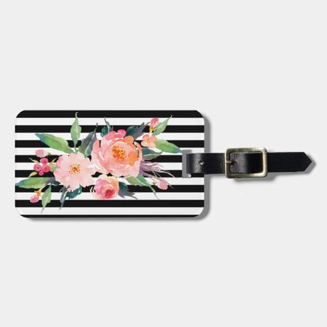 Girly Modern Chic Flowers ,Black White Rand Bagagebricka (Horisontell Framsida)