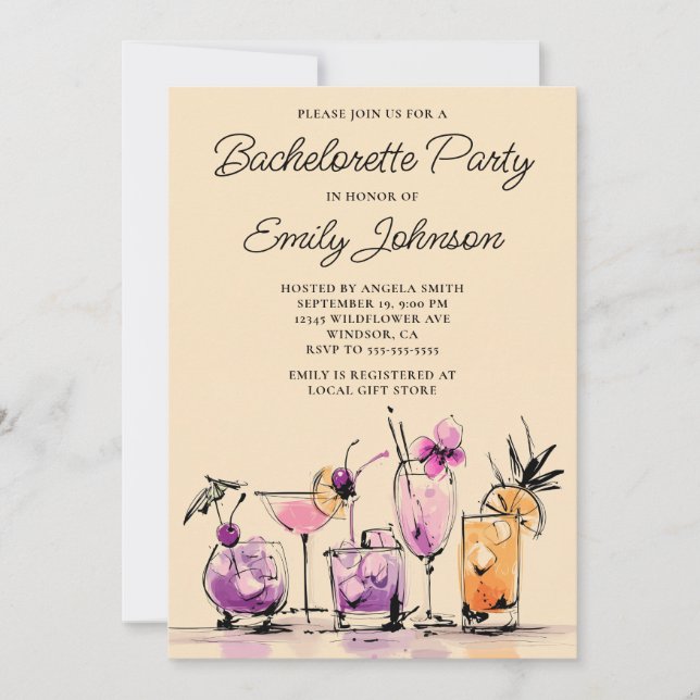 Girly Modern Cocktails Illustration Bachelorette Inbjudningar (Framsida)