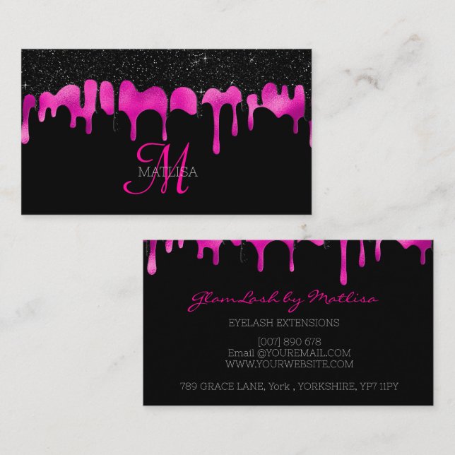 Girly Modern Dripping Monogram Glitter Salon Visitkort (Fram/baksida)