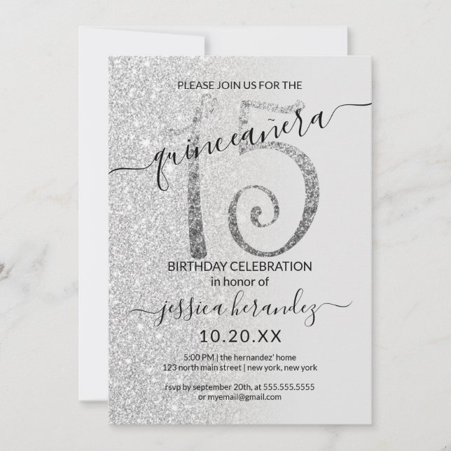 Girly Modern Grått Silver Glitter Ombre Quinceañer Inbjudningar (Framsida)