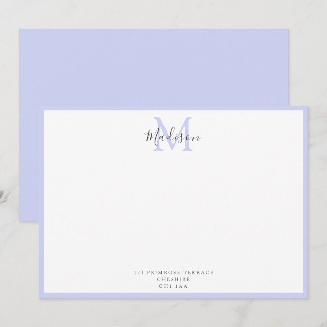 Girly Modern Lavender Handlettered Monogram Note C Anteckningskort (Fram/baksida)