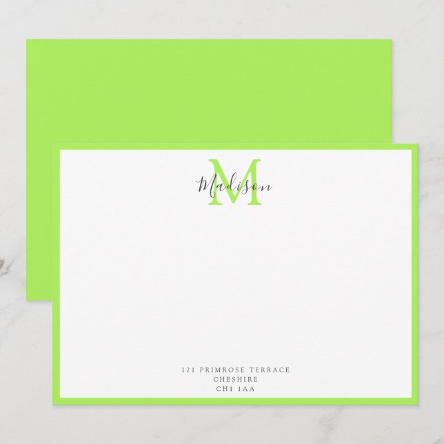 Girly Modern Lime Green Calligraphy Monogram ej Anteckningskort (Fram/baksida)