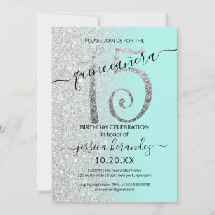 Girly Modern Mint Silver Glitter Ombre Quinceañera Inbjudningar