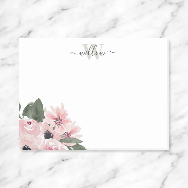 Girly Modern Monogram Rosa Blommigt Post-it Notes Block (Skapare uppladdad)