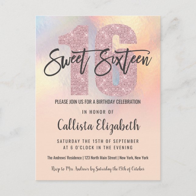 Girly Modern Peach Iridescent Foil Ombre Sweet 16 Inbjudan Vykort (Framsida)