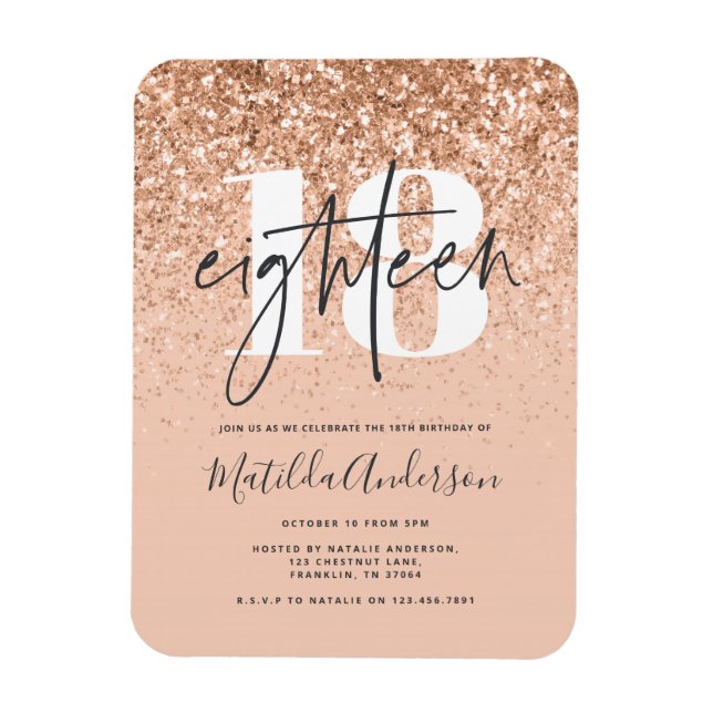 Girly modern persiko-typografi glitter 18 födelsed magnet (Vertikal)