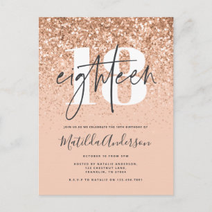 Girly modern persiko-typografi glitter 18 födelsed vykort