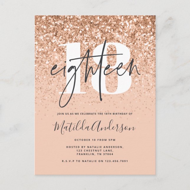 Girly modern persiko-typografi glitter 18 födelsed vykort (Framsida)