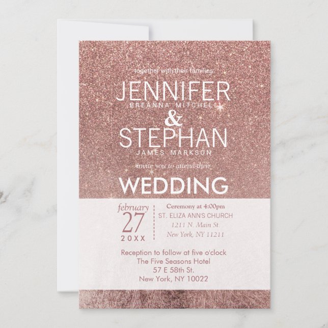 Girly Modern Ro Guld Glitter Foil Bröllop Inbjudningar (Framsida)