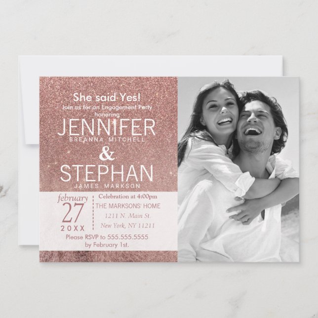 Girly Modern Ro Guld Glitter Foil Förlovning Inbjudningar (Framsida)