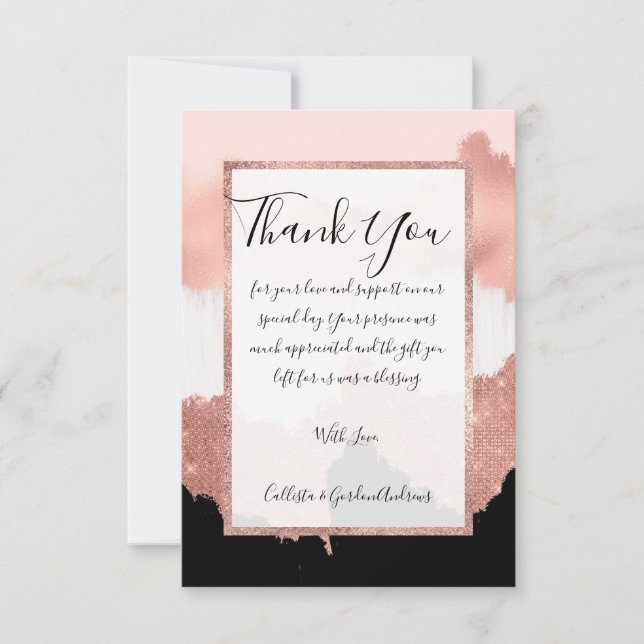 Girly Modern Ro Guld Rosa Glitter Brushstroke Tack Kort (Framsida)